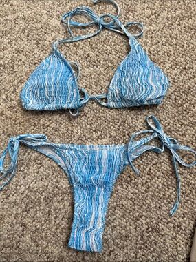 Blue White Striped Smocked Tie-Side Bikini